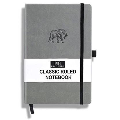 RICCO BELLO Lined Journal Notebook, Faux Leather Hardcover, Elephant | With Pen Holder, College Ruled, 96 Sheets / 192 Pages, 5.7 x 8.4 Inches, For Work & Notes - color: Grey Elephant