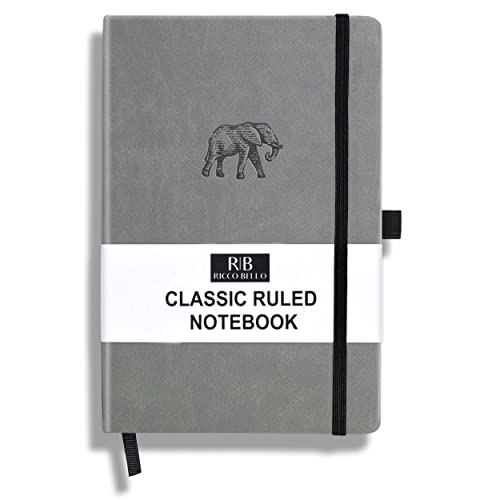 RICCO BELLO Lined Journal Notebook, Faux Leather Hardcover, Elephant | With Pen Holder, College Ruled, 96 Sheets / 192 Pages, 5.7 x 8.4 Inches, For Work & Notes - color: Grey Elephant