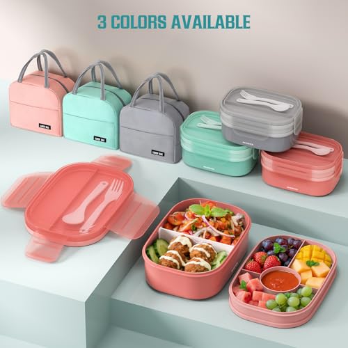 RIKDOKEN Bento Lunch Box, Stackable 2 Layers Containers with Compartments, Portable 64OZ Large Capacity Leakproof Bento Box with Spoon & Fork & Lunch Bag, Microwave Safe Lunch Box for Kids and Adults - color: Pink