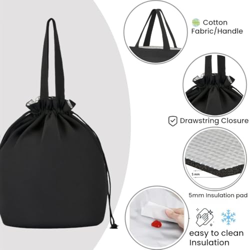 Reusable Lunch Bag,Canvas Drawstring Lunch Bag, Lunch Tote for Work, School, or Picnics, Lightweight & Waterproof, Keeps Food Fresh All Day(BLACK) - color: Black