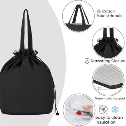Reusable Lunch Bag,Canvas Drawstring Lunch Bag, Lunch Tote for Work, School, or Picnics, Lightweight & Waterproof, Keeps Food Fresh All Day(BLACK) - color: Black