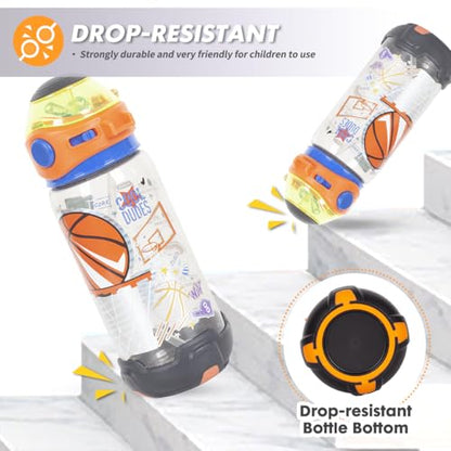 Kids Water Bottle with Straw/Lanyard for School Kids Girls Boys, 22oz BPA Free Child Drinking Water Bottle One-Click-Open Leak-Proof Locking Flip Lid for School Sport Travel - color: H12. Basketball