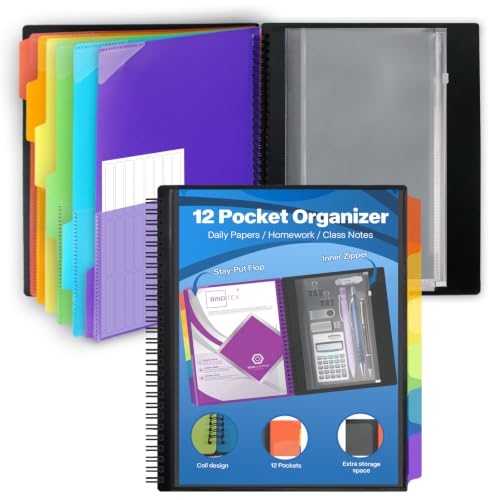 Binditek 12 Pocket Poly Project Organizer with 6 Dividers, Heavyduty Folder Organizer Binder with Front Cover Pocket, Metal Wire Binding Spine, 1/6 Cut Tabs, Letter Size, School Supplies - color: 12 Pockets, style: 1 Pack