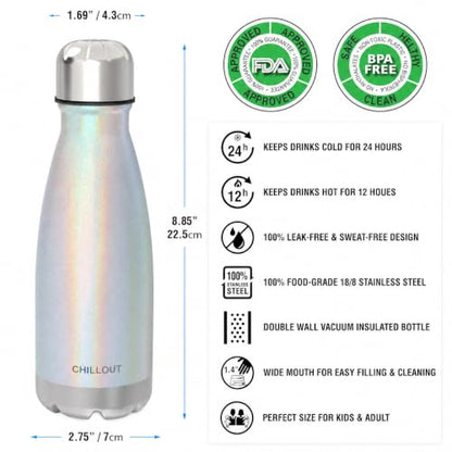 CHILLOUT LIFE 12oz Kids Insulated Stainless Steel Water Bottle, Leak Proof | Small Metal Water Bottle, Keeps Drinks Cold 24H & Hot 12H, Leak-Proof Screw Lid, Perfect for School, Travel & Sports - color: Holographic Sparkle