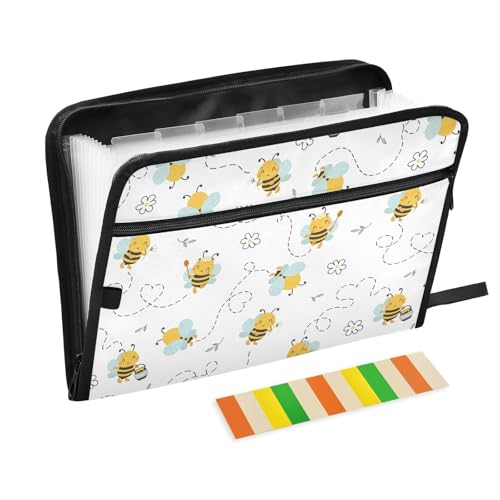 Cute Bee Doodle Flower File Folders,Plastic Folders with 13 Pockets,Expandable File Folder for Documents School Students Office,Aesthetic Folder with Labels A4 Letter Size - color: Multicolor 16