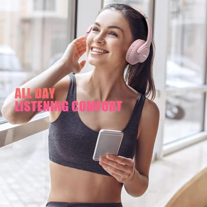 KVIDIO Bluetooth Headphones Over Ear, 65 Hours Playtime Wireless Headphones with Microphone, Foldable Lightweight Headset with Bass and Stereo Sound Low Latency for Travel Work Cellphone - color: Pink