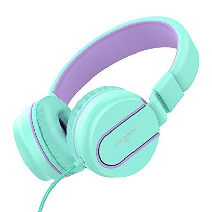 Kids Headphones, AILIHEN I35 On-Ear Headphones for School, 93dB HD Mic Stereo Headphone for Kid Girls Children, Foldable Wired 3.5mm for Chromebook, Laptop, Computer, Tablet (Green Purple) - color: Blue