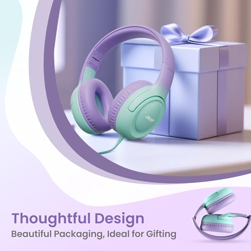 Acer Kids Headphones - 85/94dB Volume Limiter, Foldable Wired Over Ear Headphones for Travel, 3.5mm Jack, Toddler Headphones for School, Travel, iPad, Tablet, Purple Green, HK03 - color: Green-Purple Gradient