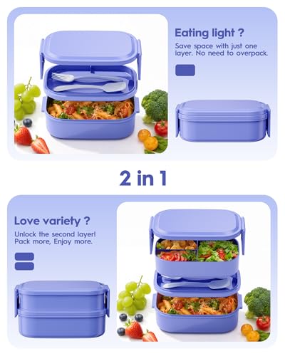 BiuLeon Bento Box Adult Lunch Box, 65 Oz Capacity Lunch Containers(Adjustable 2/3 Tier), BPA-Free, Leak-Proof and Stackable Bento Lunch Box, Microwave & Dishwasher Safe with Utensils(Macaron) - color: Macaron