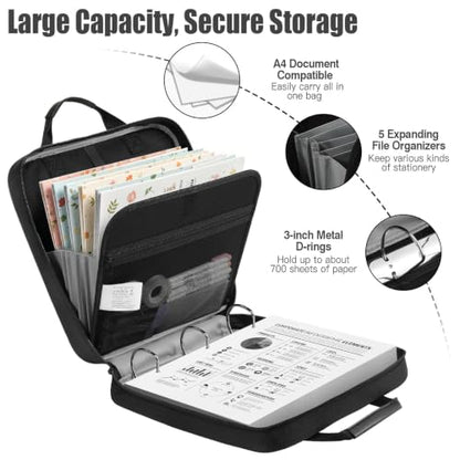 MoKo Zipper Binder, 3 Inch 3 D Ring, 5 Tab File Folders, 700 Sheets, Black | Water-repellent 900D Oxford with five file pockets, two mesh pockets, a handle and padded shoulder strap. - color: Black, size: 3-Inch D-ring