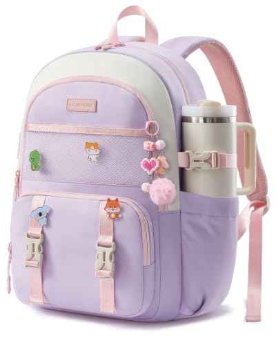 LOVEVOOK Cute School Backpack for Girls Ages 8-14, Lightweight Bookbag with Cartoon Charms & Pins, Back to School Backpack for Elementary & Middle School, Fits 17.3 Inch Laptop and 40oz Tumbler - color: Off-white & Pink Purple, size: 17.3 Inch
