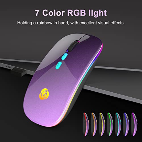 LED Wireless Mouse, Bluetooth Mouse &2.4GHz Instant Connection,Rechargeable Ultra Silent Slim,3 DPI 2 Connection Modes with USB-C to USB Adapter for Laptop/MacBook/PC/Tablet/iPad (Black-purple) | Bluetooth mouse with 2.4GHz USB receiver, silent slim desig