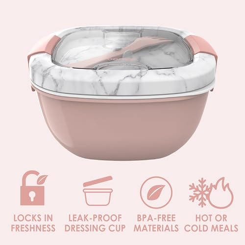 Bentgo Salad Container - 54 oz Bowl with 4-Compartment Toppings Tray, Dressing Container, Reusable Fork, BPA-Free Lunch Box for Meal Prep & Food Storage; Removable Bento Tray (Blush Marble) - color: Blush Marble