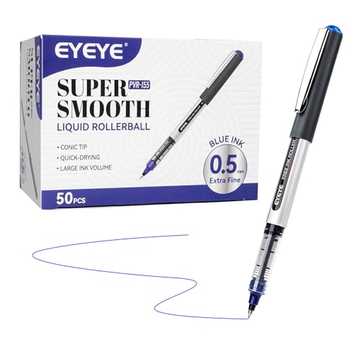 EYEYE 0.5mm Rollerball Pens Blue, 50 Pack Extra Fine Point Liquid Ink Roller Ball Pen Quick Dry, Blue Ink Pens Fine Point Smooth Writing Pen for Journaling, Note Taking, Office, School Supplies - color: Blue