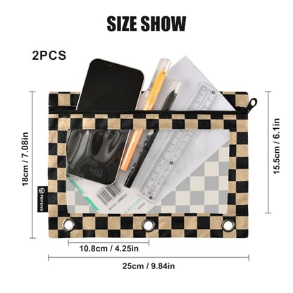 Black Chessboard Binder Pouches 3 Ring for Boys Girls School Office College Supplies Brown Buffalo Plaid Wood Color Pencil Pouches Case Bag with Clear Window and Zipper 2 Pack - color: Brown