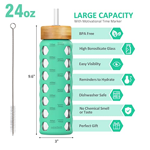 MUKOKO 24oz Glass Water Bottle, Green | Glass Tumbler with Straw, Drinking Bottles with 2 Lids-Handle Spout Lid & Bamboo Straw Lid, Silicone Sleeve, 1 Pack - color: Green, size: 24 Ounces