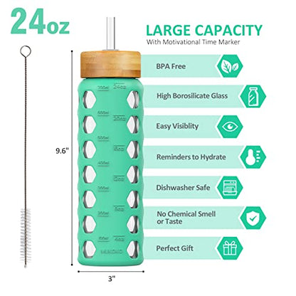 MUKOKO 24oz Glass Water Bottle, Green | Glass Tumbler with Straw, Drinking Bottles with 2 Lids-Handle Spout Lid & Bamboo Straw Lid, Silicone Sleeve, 1 Pack - color: Green, size: 24 Ounces