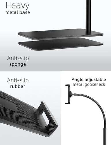 LanPavilion iPad Stand, Adjustable Tablet Floor Stand Metal Tablet Holder with Flexible Gooseneck, Compatible with iPad, Kindle, and Cell Phones (4.7''-13''), Ideal for Hands-Free Use