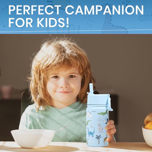 Lexlion Water Bottle 14 Oz, Triple Walled Insulated Stainless Steel Odor & Strain Resistant Reusable Bottle, 1 straw Lid, Leakproof, Metal Mug Gallon, BPA Free, Blue Zoo - color: Blue, size: 14 Ounces