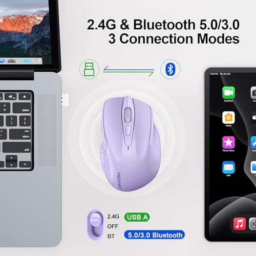 TECKNET Wireless Mouse, BT 5.0/2.4G, Rechargeable 6-DPI Silent, Lavender | Bluetooth 5.0/3.0 & USB A, 2-Device Easy Switch, Wide OS Compatible, 6 Buttons, 6-DPI up to 4800, Ergonomic for S to M Hands - color: Lavender