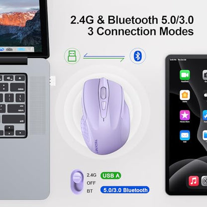 TECKNET Wireless Mouse, BT 5.0/2.4G, Rechargeable 6-DPI Silent, Lavender | Bluetooth 5.0/3.0 & USB A, 2-Device Easy Switch, Wide OS Compatible, 6 Buttons, 6-DPI up to 4800, Ergonomic for S to M Hands - color: Lavender