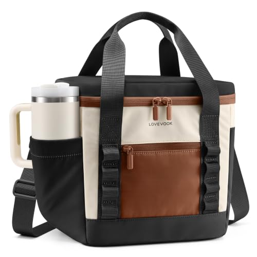 LOVEVOOK Insulated Lunch Bag for Women men, Large Leakproof Adult Lunch Box | 180° Wide Opening, Fits 40oz Cup, Heat-Sealed Leakproof, 4-Layer Thermal Insulation, Multi-Functional DIY Webbing - color: Beige, size: X Large-20L