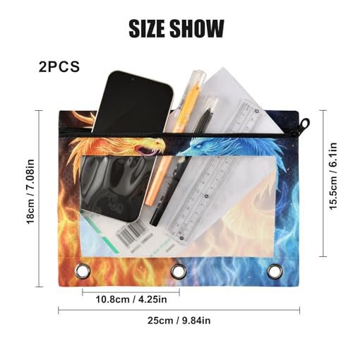 Kcldeci Pencil Pouch for 3 Ring Binder, Red Blue Fire Dragon 2 Pack Binder Pencil Pouch with Clear Window Pencil Bags with Zipper Pencil Case for binder - color: A02
