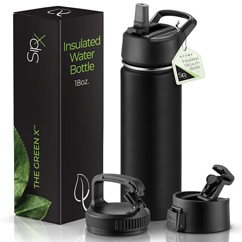 SipX™ 18 oz Insulated Water Bottle with 3 Lids – Leakproof Stainless Steel, Triple Insulated – Cold 24 Hours/Hot 12 Hours – Durable Bottle for School, Gym, Travel – Black - color: Black, size: 18 Ounces