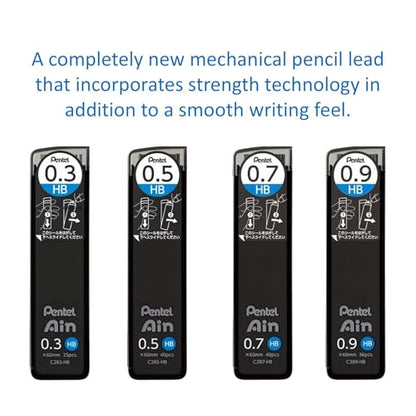 Four Mechanical Pens Set - 0. 3mm, 0. 5mm, 0. 7mm & 0. 9mm, with Ain Stein Refill Leads, Ain Clic Retractable Pen-type Triangle Eraser and Lihit Lab White Pencase
