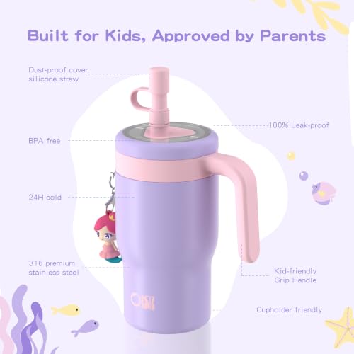 OISIZ 14oz Kids Tumbler with Straw Lid & Handle,Kids Cup with Animal Accessory for School,Kids Water Bottles with Dust-proof Cover,Leakproof Water Bottles,316 Stainless Steel,Keep Cold 24 Hours-purple - color: pearl purple
