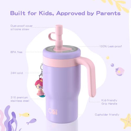 OISIZ 14oz Kids Tumbler with Straw Lid & Handle,Kids Cup with Animal Accessory for School,Kids Water Bottles with Dust-proof Cover,Leakproof Water Bottles,316 Stainless Steel,Keep Cold 24 Hours-purple - color: pearl purple