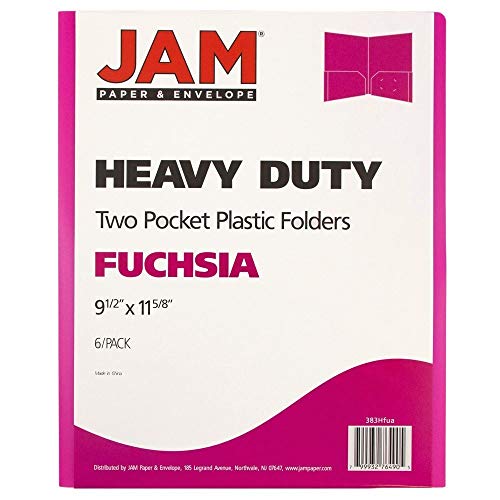 JAM PAPER Heavy Duty Plastic 2 Pocket Extra Tough School Folders - Fuchsia Hot Pink - 6/Pack - color: Fuchsia, size: 6 Per Pack