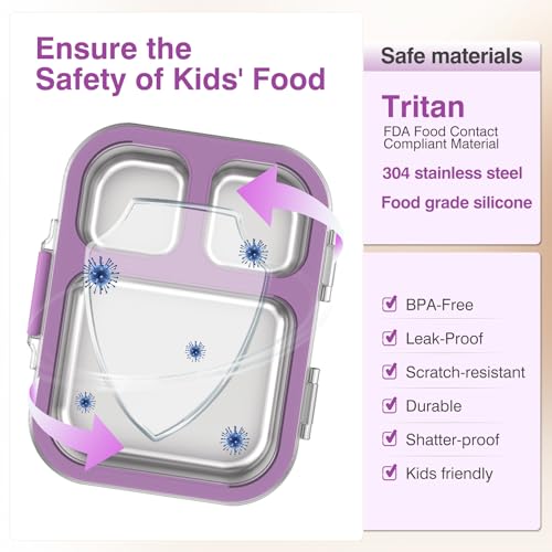 HOMEKOL Stainless Steel Bento Lunch Box, Purple, 3.3Cups | 3-Compartment,Leak-Proof, for Kids & Adults, BPA-Free, Dishwasher Safe, Clear Tritan Lid, 800ml (Not Insulated) - color: Purple, size: 27oz (800ml)