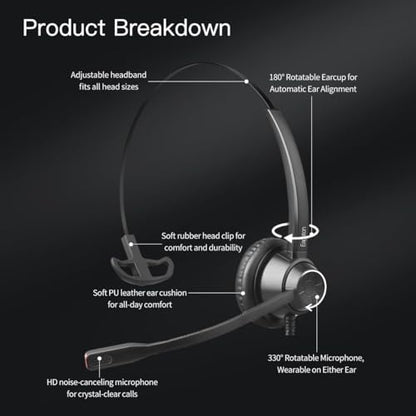 X1 ENC Noise Cancelling USB Headset, 3.5mm Single Ear Office Headset with USB C/A Adapter, Wired Mono Call Center Headset for PC Laptop Cell Phone, Business Computer Headphones for WFH Office