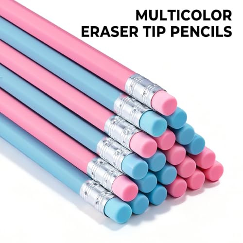 M&G Lucky Series 24 Pack HB Wood-Cased Pencils, Pre-Sharpened with 2 Mini Sharpeners, Cute Blue and Pink Hexagonal Solid Barrels with Matching Erasers for School Office Classroom Supplies - color: Lucky Series Blue & Pink, style: HB