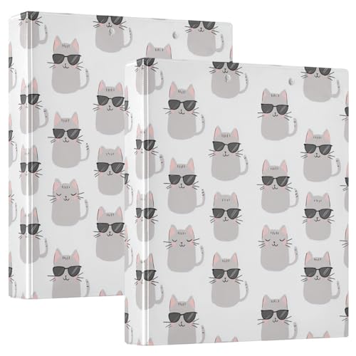 Fustylead Hand Draw Lovely Cat Wearing Sunglasses 3 Ring Binder, D-Rings 1.5" Hardcover Folder, Fits 200 Sheets of A4 Paper, Durable Clipboard & Clean View with Inside Pockets for School Home Office - size: 12.4x10.63x2.36 Inch-2 Pack