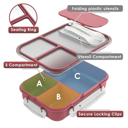 WHALEHOUSE Large Capacity Bento Box for Adult, 1700ML 3 Compartments Lunch Box with Utensil, Airtight Food Container with Lids for Meal Prep, Microwave/Dishwasher/Freezer Safe, On the Go (Red) - color: 1700mL-Red