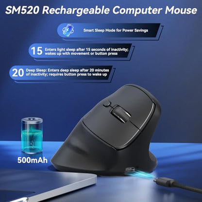 SOLAKAKA SM520 Ergonomic Mouse with 24000 DPI, Vertical Mouse with Programmable Side Button, Wireless Mouse with Tri-Mode Connection - BT5.0/USB-C/2.4GHz, for Desktop, PC, Laptop (Black) - color: black