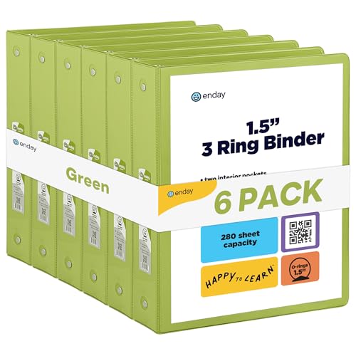 Enday 1.5 Inch Binder (6 Pack - Green) 3 Ring Binder 1.5 inch with Clear View Cover and 2 Inside Pocket - for Letter Size 8.5 x 11'' Paper, Ideal for School Supplies, Office, and Home - color: Green, size: 1.5-Inch