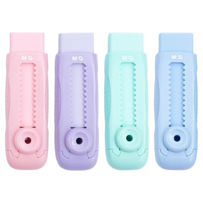M&G 4 Pcs Cute Erasers for Kids Sliding Retractable Pencil Erasers, Push Pull Design Cute Erasers Stationery Supplies for Kids Back to School Supplies for Office - color: Purple + Pink + Blue + Green
