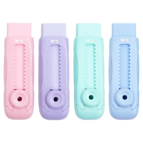 M&G 4 Pcs Cute Erasers for Kids Sliding Retractable Pencil Erasers, Push Pull Design Cute Erasers Stationery Supplies for Kids Back to School Supplies for Office - color: Purple + Pink + Blue + Green