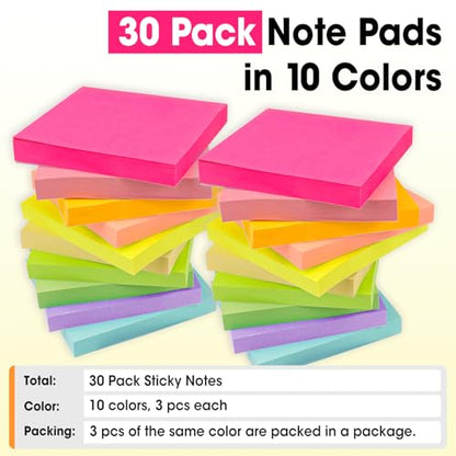 30 Pads Sticky Notes 3x3, Self-Stick Pads Bulk Bright Colors, School Supplies, Office Products, 50 Sheet/Pad - color: 30 Pads