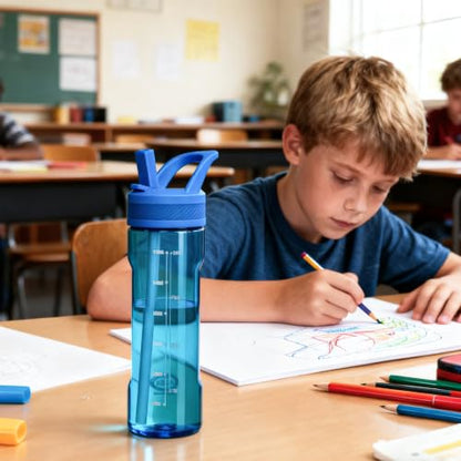 OLDLEY 20oz Kids Water Bottle with Straw, BPA-Free Tritan Water Bottle for School, Leakproof Clear Water Bottle with One Click Open, Measurement Scale, Cup Holder Friendly for Boys Girls,Blue - color: Blue