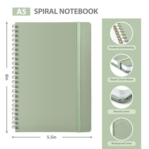 A5 Lined Spiral Journal Notebook, 146 Pages Hardcover Notebook with 100 GSM Thick Paper, Inner Pocket & Elastic Closure, 5.7" x 7.9", Notebooks for Work, School, College, Office, Journaling & Note Taking - color: GREEN