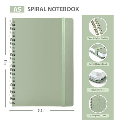 A5 Lined Spiral Journal Notebook, 146 Pages Hardcover Notebook with 100 GSM Thick Paper, Inner Pocket & Elastic Closure, 5.7" x 7.9", Notebooks for Work, School, College, Office, Journaling & Note Taking - color: GREEN