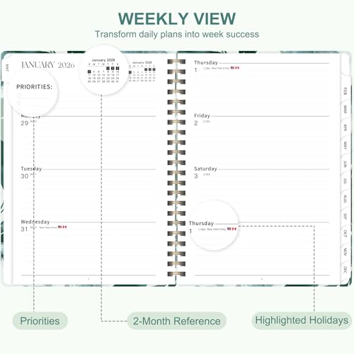 2026 Planner, Weekly and Monthly Calendar Planner Agenda, Jan 2026 - Dec 2026, Planning Academic Book, Office Desk Accessories and School Supplies - A5 (6.3'' x 8.5'') - color: C-Leaf