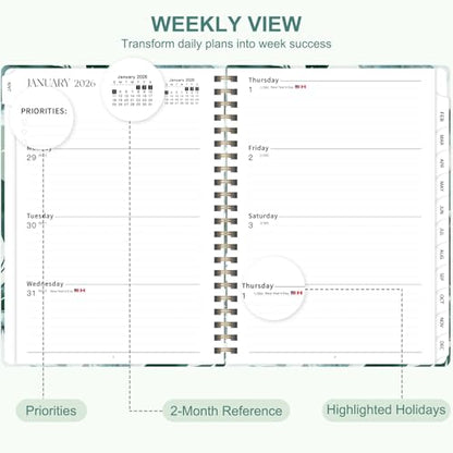 2026 Planner, Weekly and Monthly Calendar Planner Agenda, Jan 2026 - Dec 2026, Planning Academic Book, Office Desk Accessories and School Supplies - A5 (6.3'' x 8.5'') - color: C-Leaf