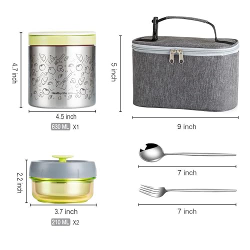 Lille Home Portable Insulated Lunch Box Set with Stainless Steel Cutlery, vacuum lunch box, to Keep Food Warm or Cool, Two Containers for Fruits and Sauces, Durable and Leak-Proof - color: Green