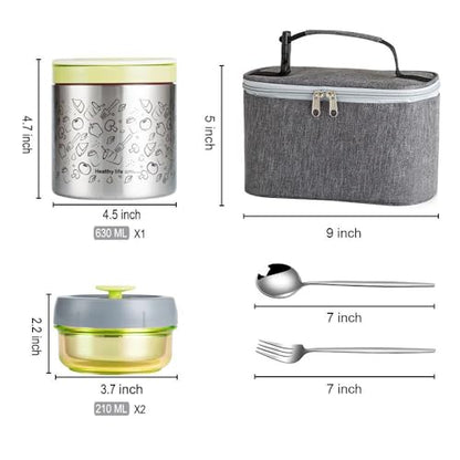 Lille Home Stainless Steel Thermal Lunch Box Set with Lunch Bag and Cultery | 22 Oz Vacuum Insulated Lunch Bento Box, to Keep Food Warm/Cool, 2 Small Food Container for Snack, Fruits and Sauces (Green) - color: Green