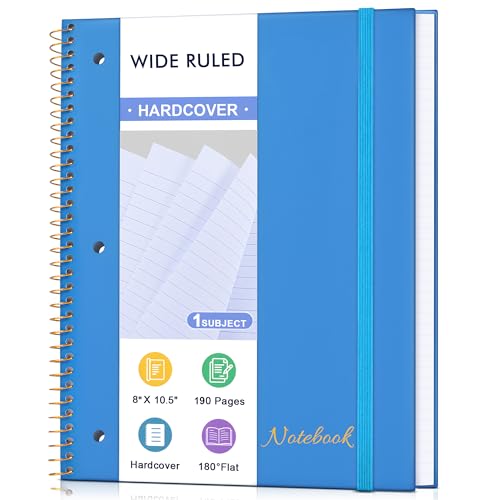 MUAHLIUB Spiral Notebook Wide Ruled Paper 8" x 10 1/2", 1 Subject Spiral Notebook, 3-Hole Punched Perforated Pages Ideal for School, Office, Writing, 95 Sheets Lined Journaling Notebook, Blue - color: Blue